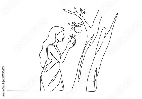Continuous Line Drawing Depicting Eve and the Forbidden Fruit in