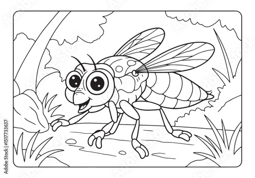 Cartoon Robber Fly in a Coloring Book Page for Kids and Beginner