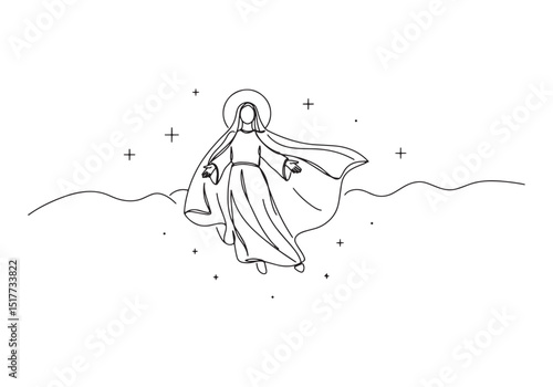 Virgin Mary with flowing cloak in a continuous line drawing styl