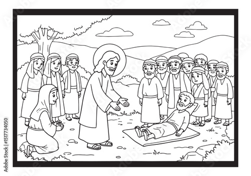Black and White Illustration of Jesus Healing the Paralytic for