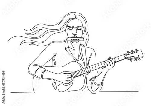 Continuous Line Drawing of Female Musician Playing Guitar and Ha