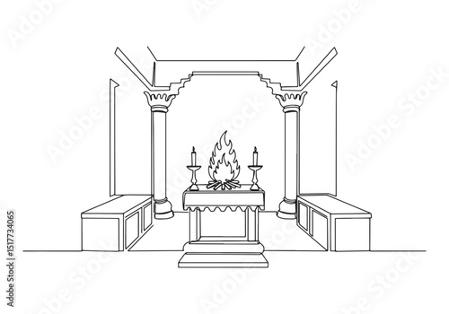Burning Altar Illustration in Continuous Line Drawing, Black and