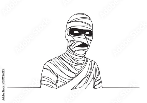 Continuous line drawing of a male mummy wrapped in bandages illu