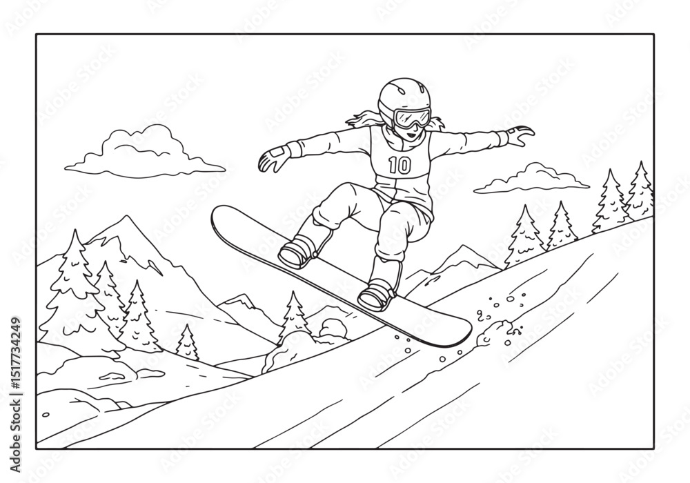 Fototapeta premium Snowboarding adventure coloring page for kids and adults featuri