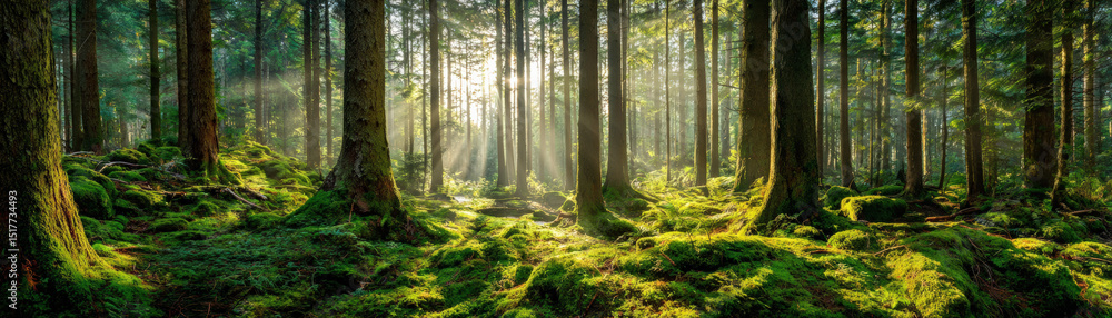 Obraz premium Serene forest scene with sunlight diffusing through tall trees, creating magical atmosphere. ground is covered in lush green moss, enhancing tranquil beauty of nature