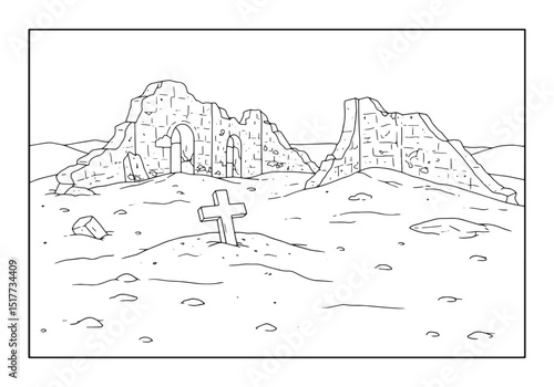 Black and white drawing of a destroyed building and a cross for