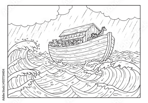 Noah's Ark amidst a Stormy Sea, A Detailed Black and White Illus