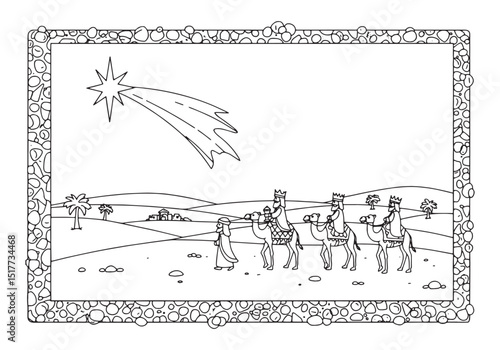 Black and white illustration of the star of Bethlehem and the th