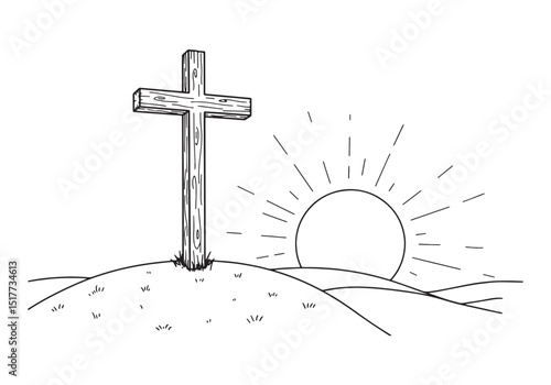 Black and white illustration of a wooden cross on a hill at sunr