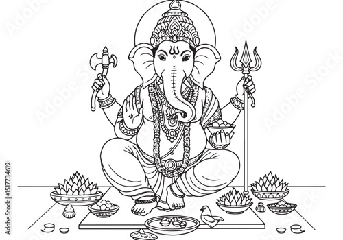 Elegant Line Art Depiction of Lord Ganesha with Offerings and Sy