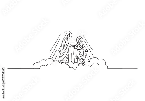 Serene Depiction of Mary and Jesus in Ascendance Continuous Line