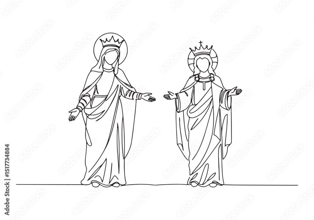 Fototapeta premium Continuous Line Drawing of Mary and Jesus Christ in Elegant Blac