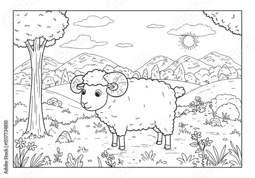 Lost Sheep in a Serene Landscape Coloring Book Page Illustration