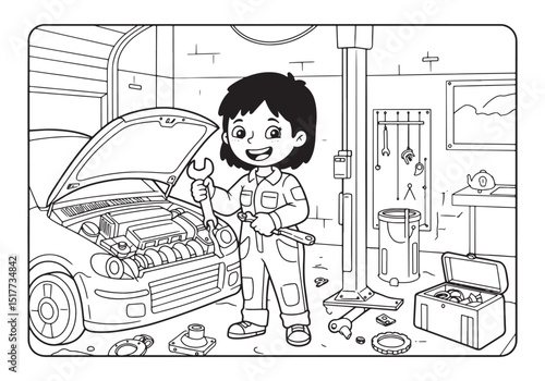 Coloring page featuring a young female mechanic working on a car