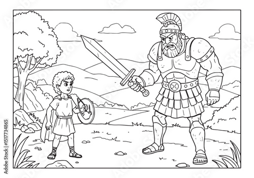 David and Goliath coloring page illustration, biblical story dep