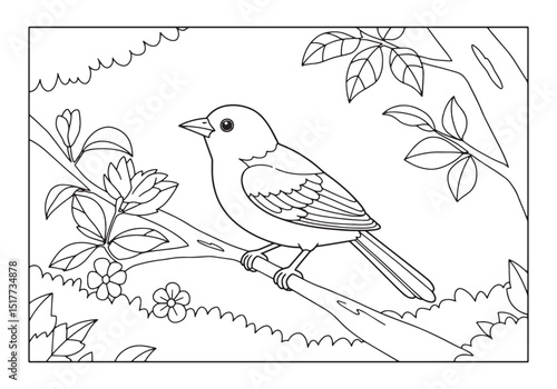 Detailed oriole bird perched on branch coloring page illustratio