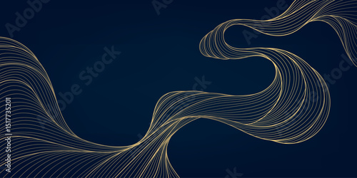 Vector line golden japanese wave, elegant sea ornament, art deco fancy background. Elegant banner, wavy fantasy pattern, curve abstract design.