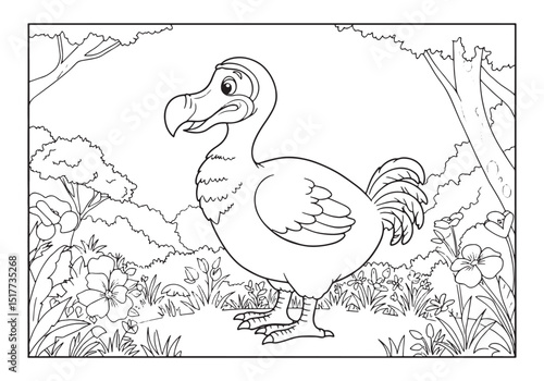 Enigmatic dodo bird in a tranquil forest drawn in coloring book