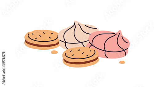 Tasty cookies and airy meringues. Vanilla zephyr and baked biscuits. Homemade dessert, sweet food, delicious snacks, confections. Confectionery and pastry. Flat isolated vector illustration on white