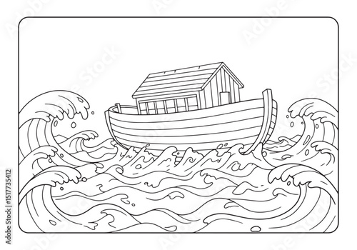 Noah's Ark Coloring Page, A Black and White Adventure on Flood W