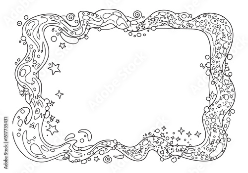 Whimsical Water and Star Frame for Coloring Book Fun Illustratio