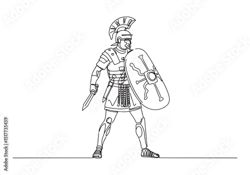 Single line drawing of a Roman legionary with shield and sword i
