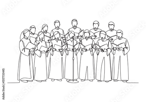 Elegant line art depicting a diverse church choir joyfully singi