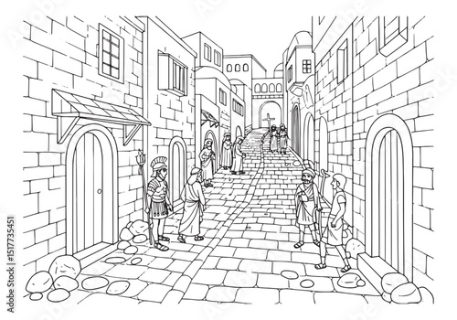 Via Dolorosa illustration in coloring book style, black and whit