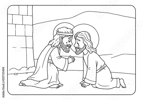 The betrayal of Jesus Christ depicted in a coloring book style d