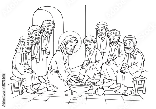 A depiction of Jesus washing the feet of his disciples in black