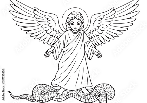 Angel standing on serpent coloring page for kids and adults illu