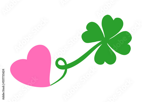 Logo afortunado en el amor. Silueta de trébol de cuatro hojas con corazón, para tarjetas y felicitaciones de San Patricio y San Valentín