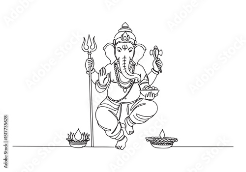 Elegant Ganesha continuous line drawing illustration in black an