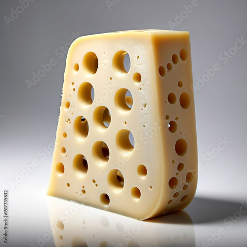 A slice of Swiss cheese with distinct holes, standing upright like a sculpture