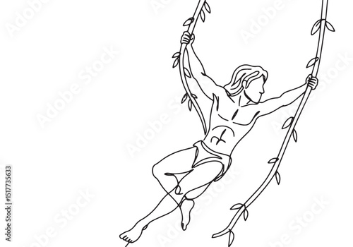 Tarzan swinging on jungle vines in continuous line drawing style