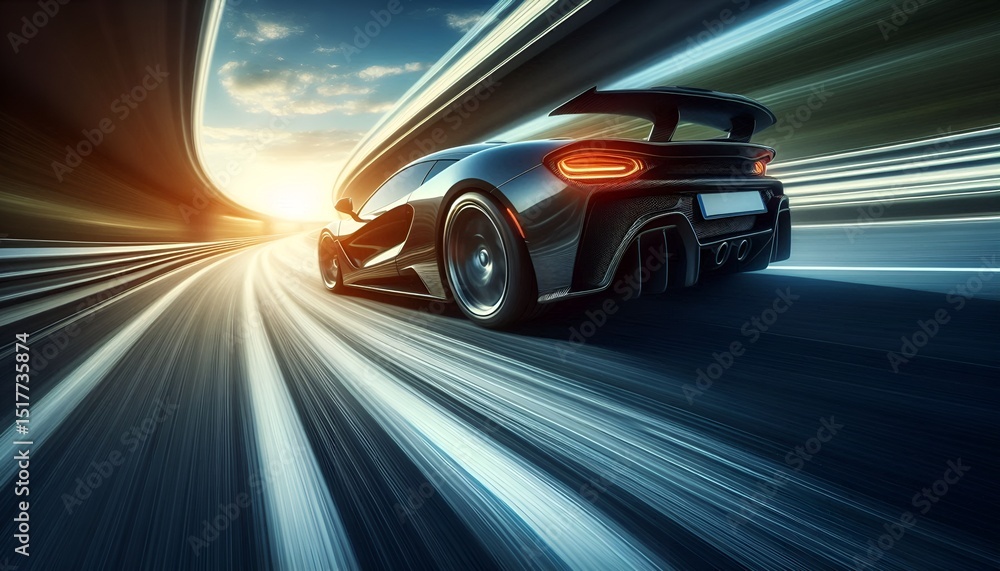 Naklejka premium A sports car speeding on a winding highway with motion blur to show acceleration.