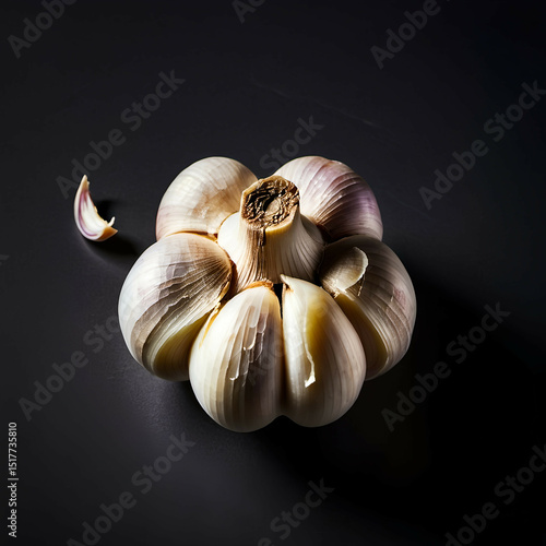 A clove of garlic with one layer peeled off, centered with gentle shadow.