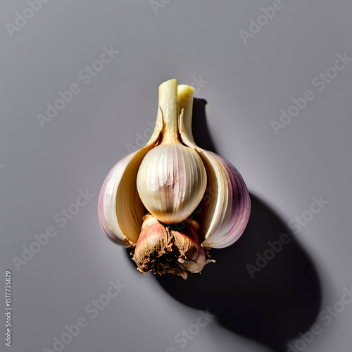 A clove of garlic with one layer peeled off, centered with gentle shadow.