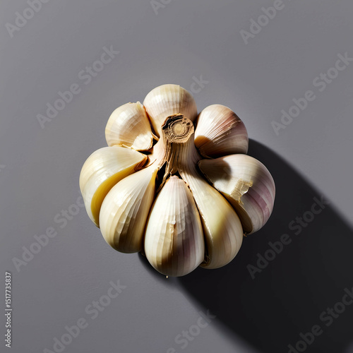 A clove of garlic with one layer peeled off, centered with gentle shadow.