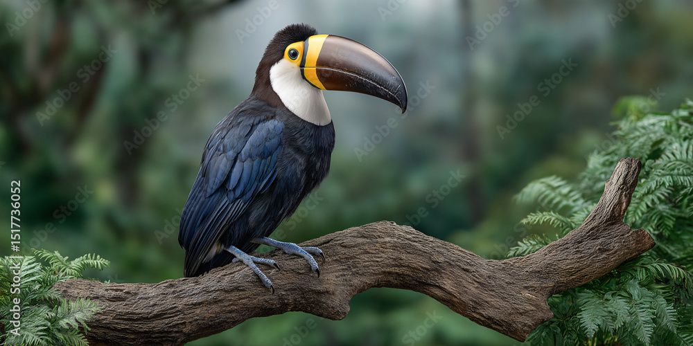 Fototapeta premium Keel-billed Toucan Perched in Tropical Habitat: A striking keel-billed toucan perches gracefully on a branch amidst the lush greenery of a tropical forest.