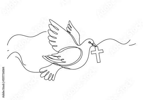 Elegant one-line illustration of a dove carrying a cross symboli