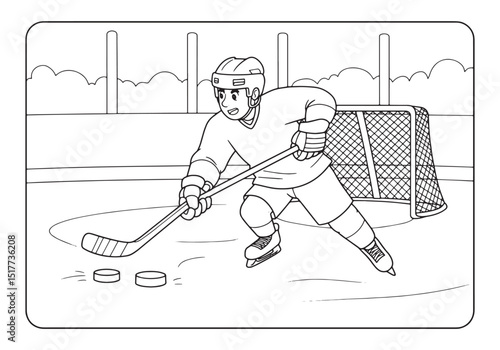 Detailed line art drawing of a hockey player in action coloring