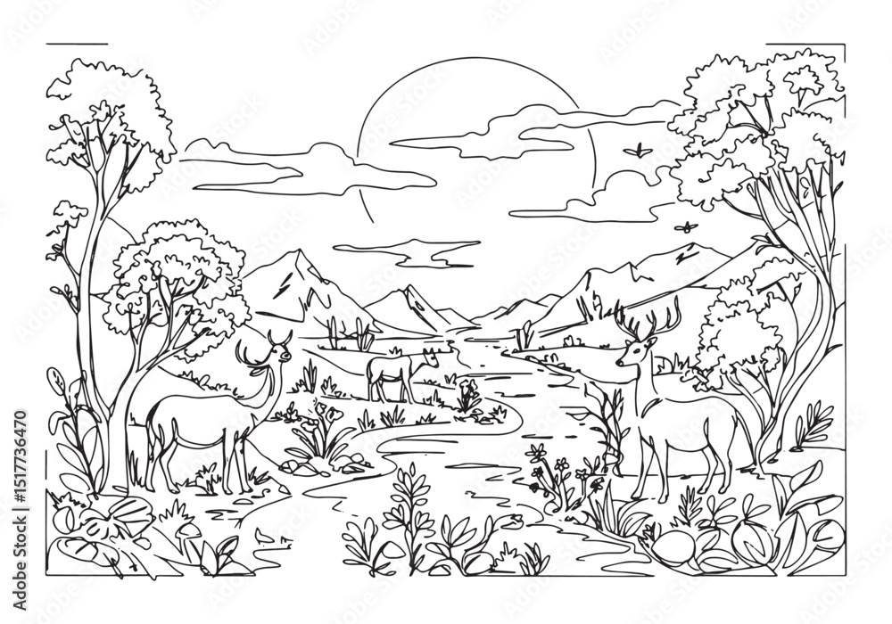 Obraz premium Enchanting Coloring Book Page, Serene Landscape with Deer in Nat