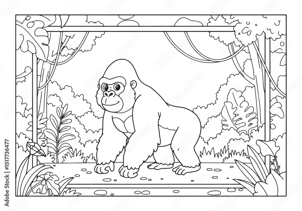 Naklejka premium Cute gorilla in jungle coloring page for kids and adults fun act