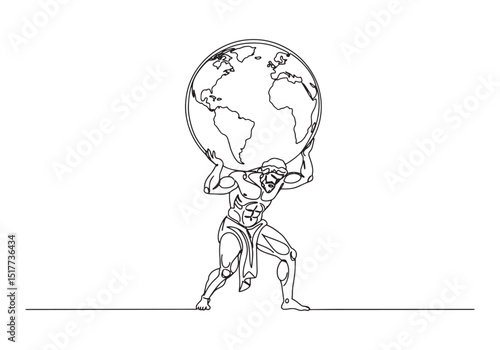 Continuous Line Drawing of Atlas Holding Globe, Muscular Man Sil