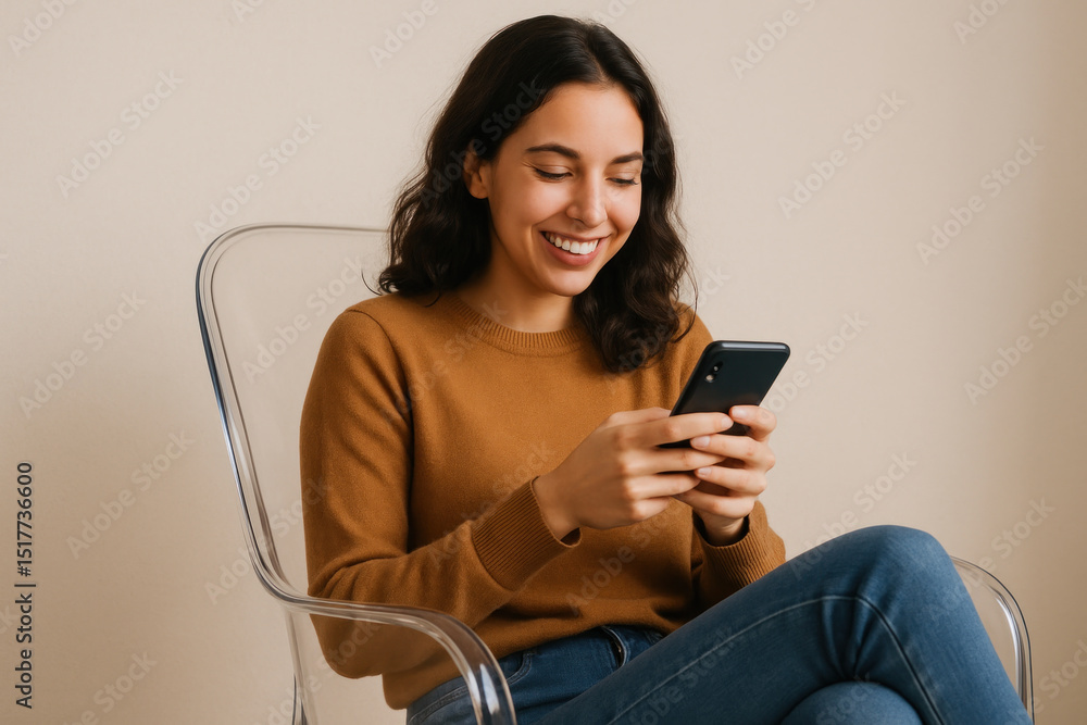 Naklejka premium Woman sitting, looking at phone.