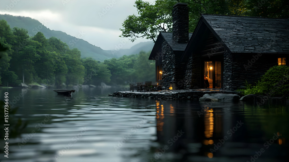 Fototapeta premium Pixel Art Cabin By Lakeside At Dusk