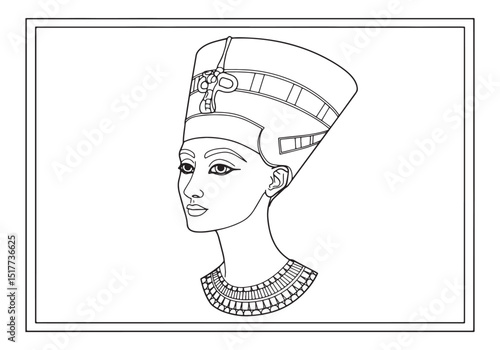 Nefertiti Coloring Book Page, An Egyptian Queen's Portrait in Bl