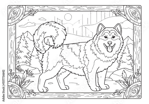 Detailed Alaskan Malamute Illustration for Coloring Book with Sc