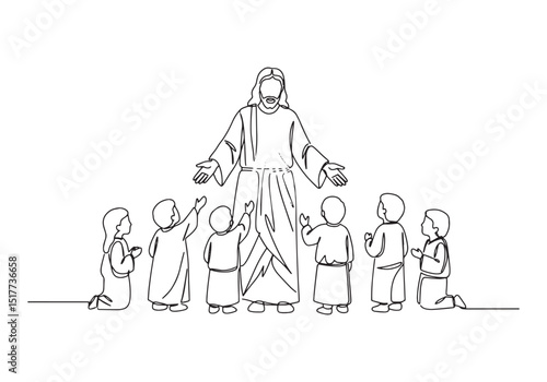 Jesus Christ blessing children in continuous line drawing illust